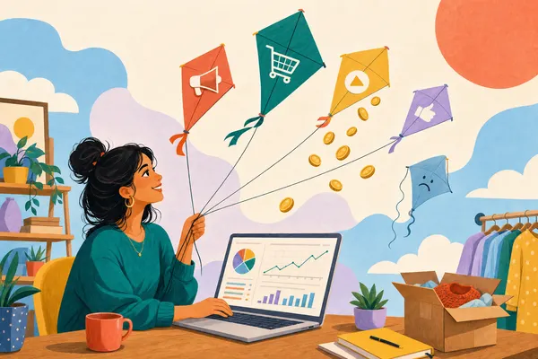 Illustration of tracking ad spend and ROAS: a megaphone aimed at a target with coins flowing back