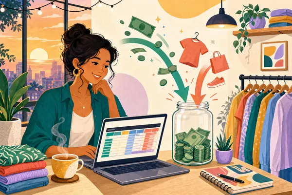 Illustration of a Shopify income and expenses spreadsheet with a monthly calendar, a receipt and coins