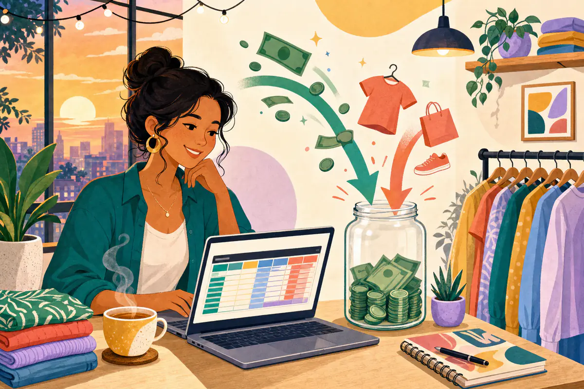 Illustration of a Shopify income and expenses spreadsheet with a monthly calendar, a receipt and coins