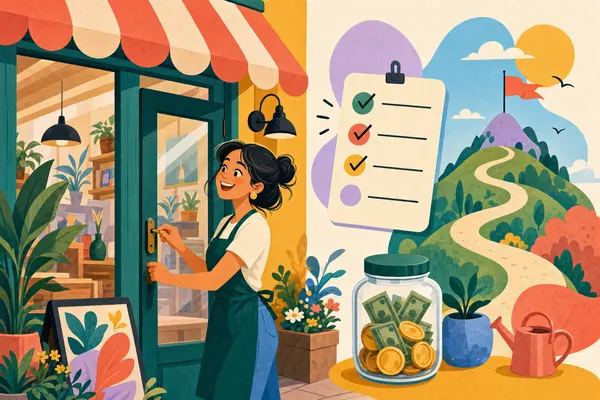 Illustration of planning a store launch budget: a shop front, a checklist and a coin jar