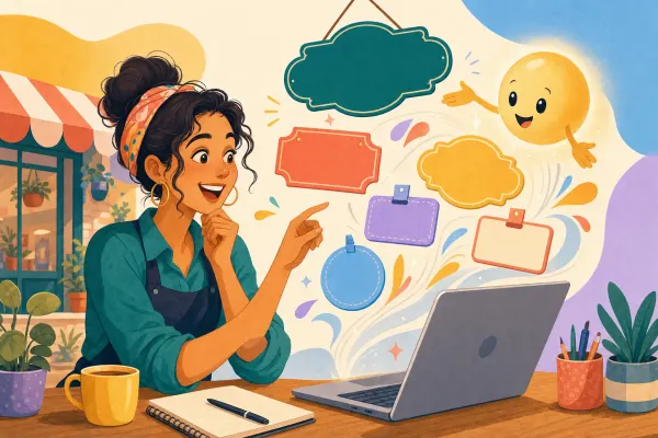 Illustration of a new shop owner choosing between colourful blank shop signs floating out of her laptop