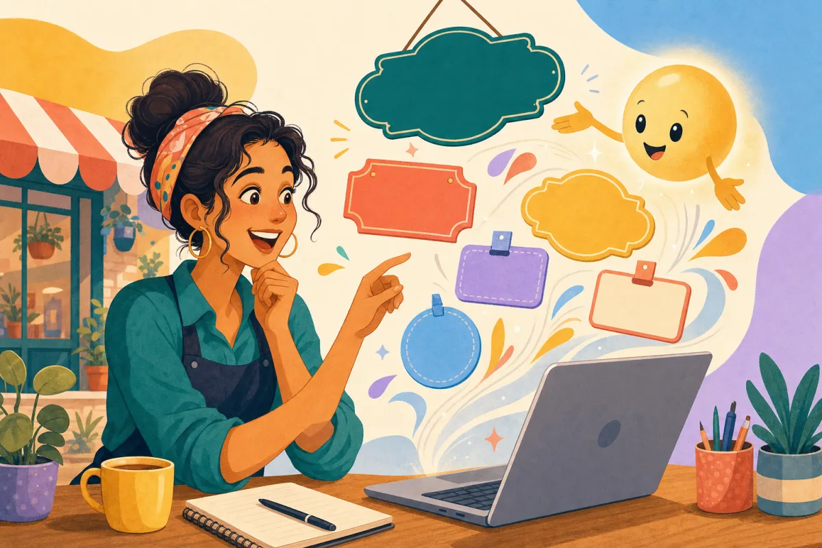 Illustration of a new shop owner choosing between colourful blank shop signs floating out of her laptop