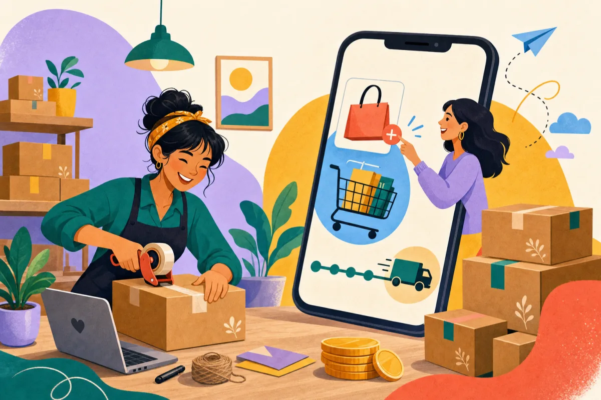 Illustration of a shop owner packing a parcel while a shopper adds one more item to reach free shipping