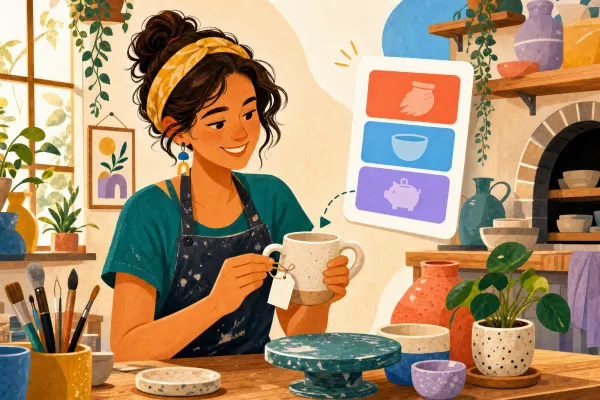 Illustration of a ceramic artist attaching a price tag to a mug, with the price split into cost, fees and profit