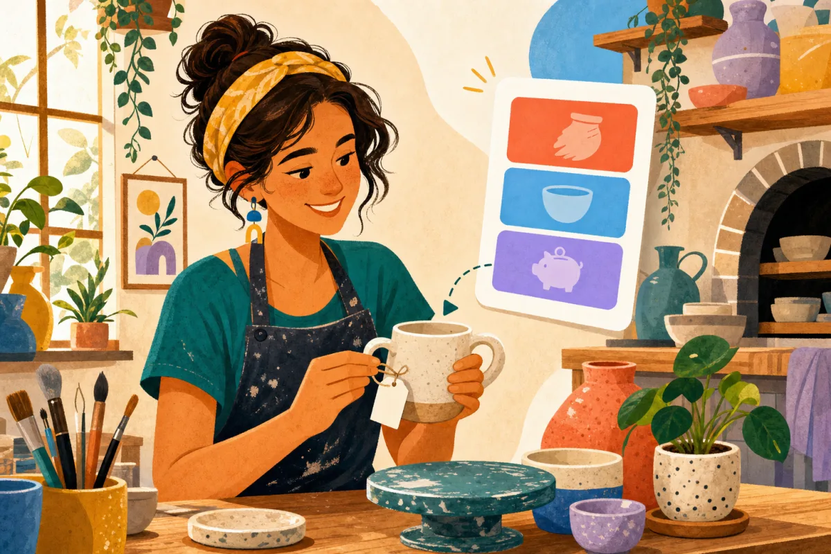 Illustration of a ceramic artist attaching a price tag to a mug, with the price split into cost, fees and profit