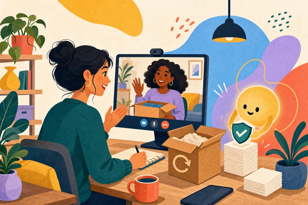 Illustration of a store owner on a video call with a customer about a return, while tidy policy documents are assembled