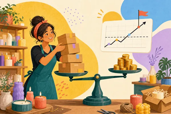 Illustration of a store break-even point: a balance scale with a shipping box on one side and coins on the other