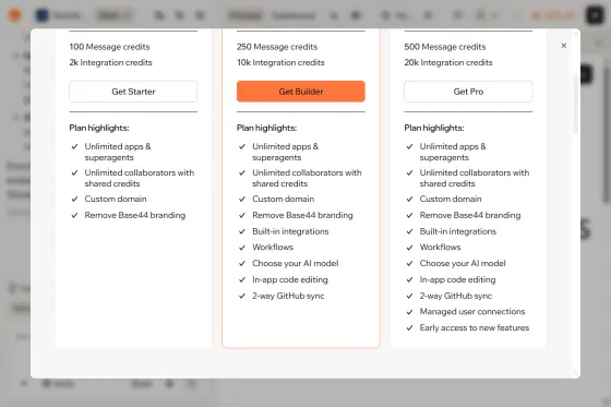 The upgrade window opened by Connect domain: Custom domain and Remove Base44 branding listed under Starter