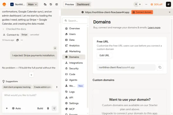 Domains tab in our Free app: custom domains are available on the Starter plan and above; the base44.app URL can be edited