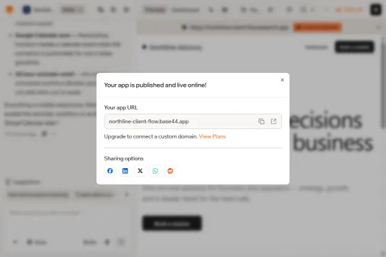 Publishing on Free: the app goes live on base44.app with Upgrade to connect a custom domain