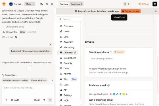 Sending address carries a Starter+ badge; on Free the app sends from a Base44 address