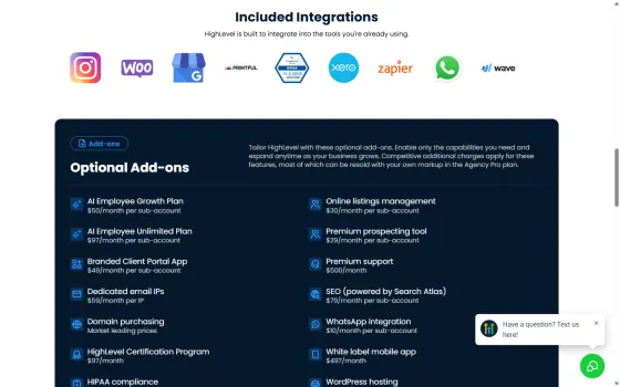 Published add-on prices, several charged per sub-account on top of the plan price.