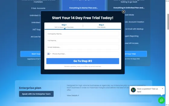 Step 1 of the trial signup asks company, name, email and phone. No card field at this step.