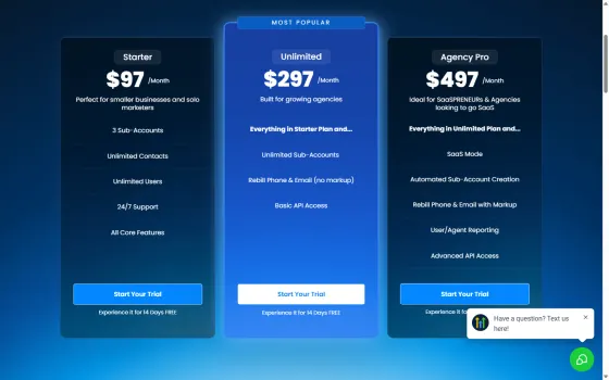 The three published monthly plans on 2026-09-16: Starter $97, Unlimited $297, Agency Pro $497.