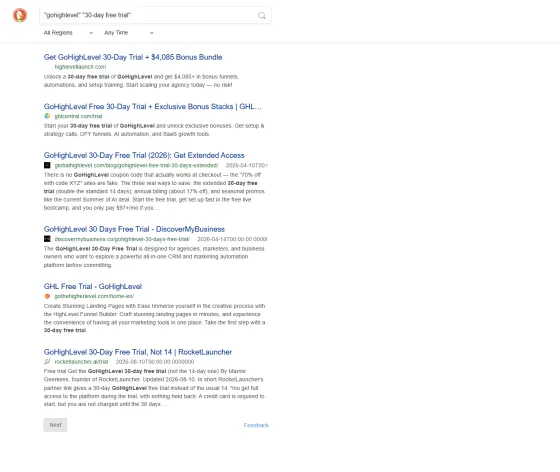 Search results promising a 30-day trial, against the 14 days HighLevel publishes itself.