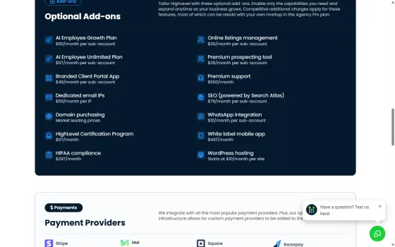 HIPAA compliance at $297/month and the white label mobile app at $497/month, listed as optional add-ons.