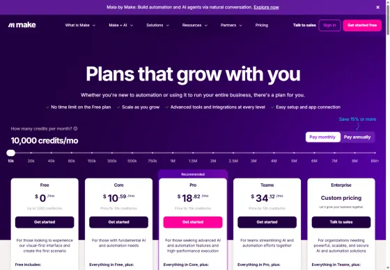 make.com/pricing on 18 Sept 2026, monthly billing: Core $10.59 for 10,000 credits a month