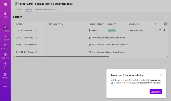 The webhook version ran instantly, and only when a booking arrived (Make run history, 18 Sept 2026)