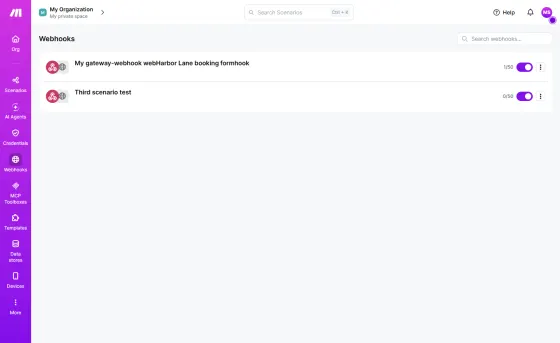 After our test booking at 0 credits: the webhook queue shows 1 of 50 (URL hidden)