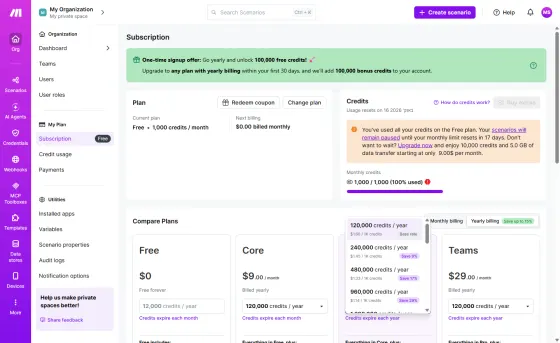 Subscription page, 29 Sept 2026: Free plan, 1,000 credits a month, 100% used, no payment method