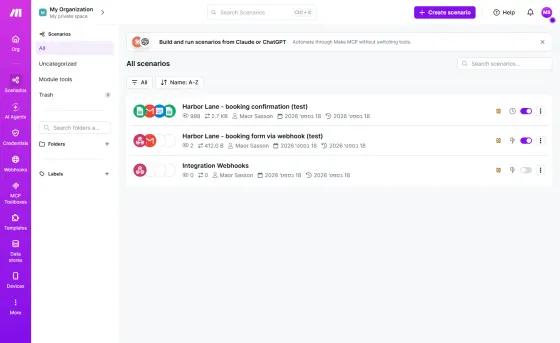 At 0 credits both scenarios still show their switch on: 998 credits used by the Sheets poll, 2 by the webhook