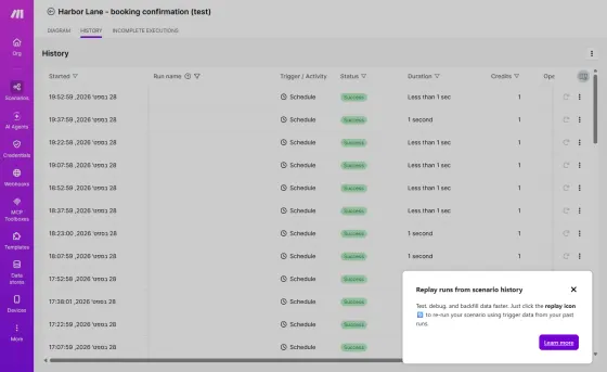 Run history: 1-credit scheduled checks, ending on a green Success on 28 Sept (local time UTC+3), then nothing