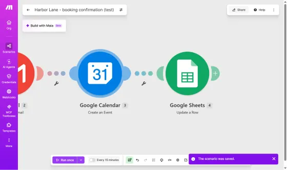The 4-module scenario we built on Make Free: Sheets trigger, Gmail, Calendar, Sheets update.