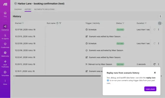 Make run history: two scheduled checks that found nothing, 0 bytes transferred, 1 credit charged each.