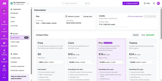 Make's subscription page in our account: Free plan, 1,000 credits a month, next billing $0.00.
