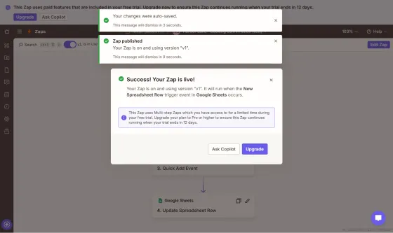 Zapier at publish time: the multi-step Zap works only during the free trial, then needs Pro.