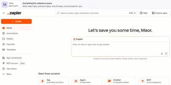 Our brand-new Zapier account opened on a 14-day Pro trial, not on the Free plan.