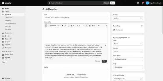 Shopify Magic’s output from a title and a nine-word prompt: it calls the board "food-safe" and "durable", and the surface both "generous" and "compact".
