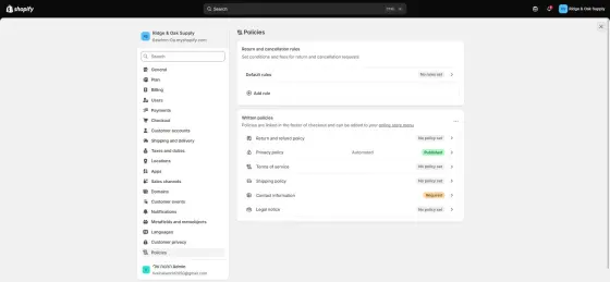 Settings > Policies: Shopify had already published an automated privacy policy, and Contact information is marked Required.