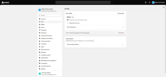 Settings > Plan on our test store: Basic, $1 USD/month until 23 December 2026, then $39.