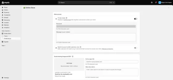 Online Store > Preferences on a new store: Private mode is on by default. We masked the storefront password.
