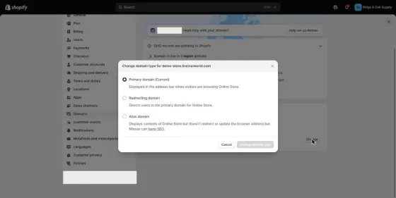 The three domain types Shopify offers: primary, redirecting and alias, with its own SEO warning on alias.