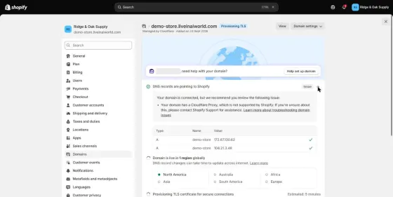 With the Cloudflare proxy on, Shopify flagged the domain: a Cloudflare Proxy is not supported by Shopify.