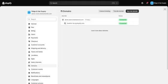 Shopify made the connected domain the primary one by itself; the myshopify.com address now sits under it.