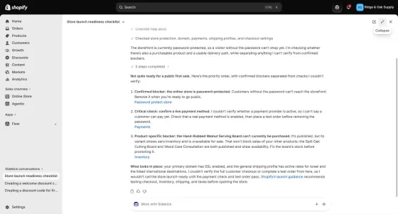 Sidekick readiness check, 24 Sept 2026: password, an unverified payment method, one product at zero stock.