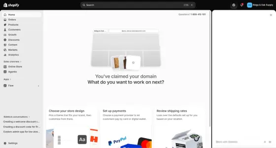 Shopify's own next steps after the domain: store design, payments and shipping rates.