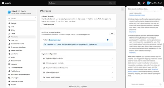 Settings > Payments on our store: no provider, PayPal setup incomplete, a 2% fee note on third-party providers.