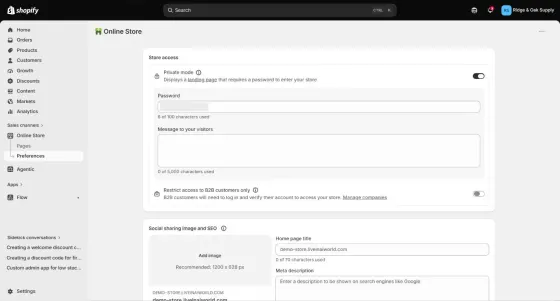 Online Store > Preferences > Store access on our store: Private mode on (password masked).