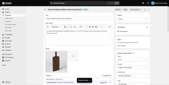 For comparison: a physical product on the same store, auto-filed by Shopify into a category without us opening the picker.
