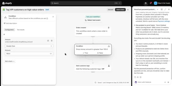 After installing Flow: the draft checks order total greater than 100, shipping and tax included