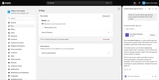 Plan page: Basic, with "App is ready" in the Sidekick panel beside it