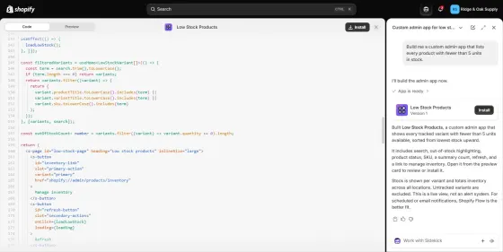 Job 5: Sidekick writing the custom app, more than 270 lines of code