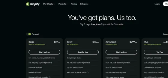 Shopify pricing page, Sept 22, 2026: "Try 3 days free, then $1/month for 3 months." Yearly billing shown.