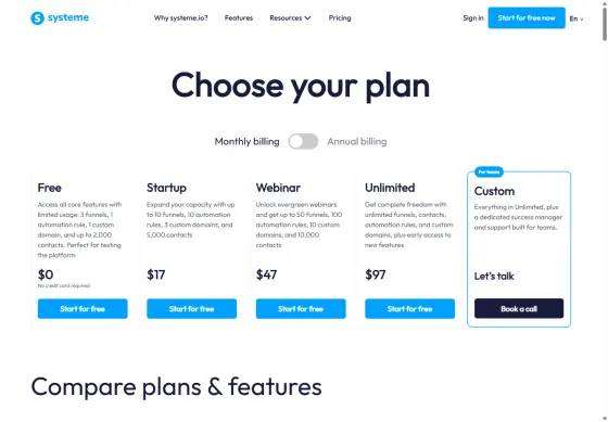 systeme.io/pricing on 20 Sept 2026, monthly billing: Free $0, Startup $17, Webinar $47, Unlimited $97