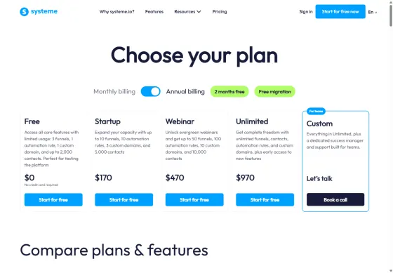 The same cards on annual billing, 20 Sept 2026: "2 months free" and free migration, Startup $170 a year